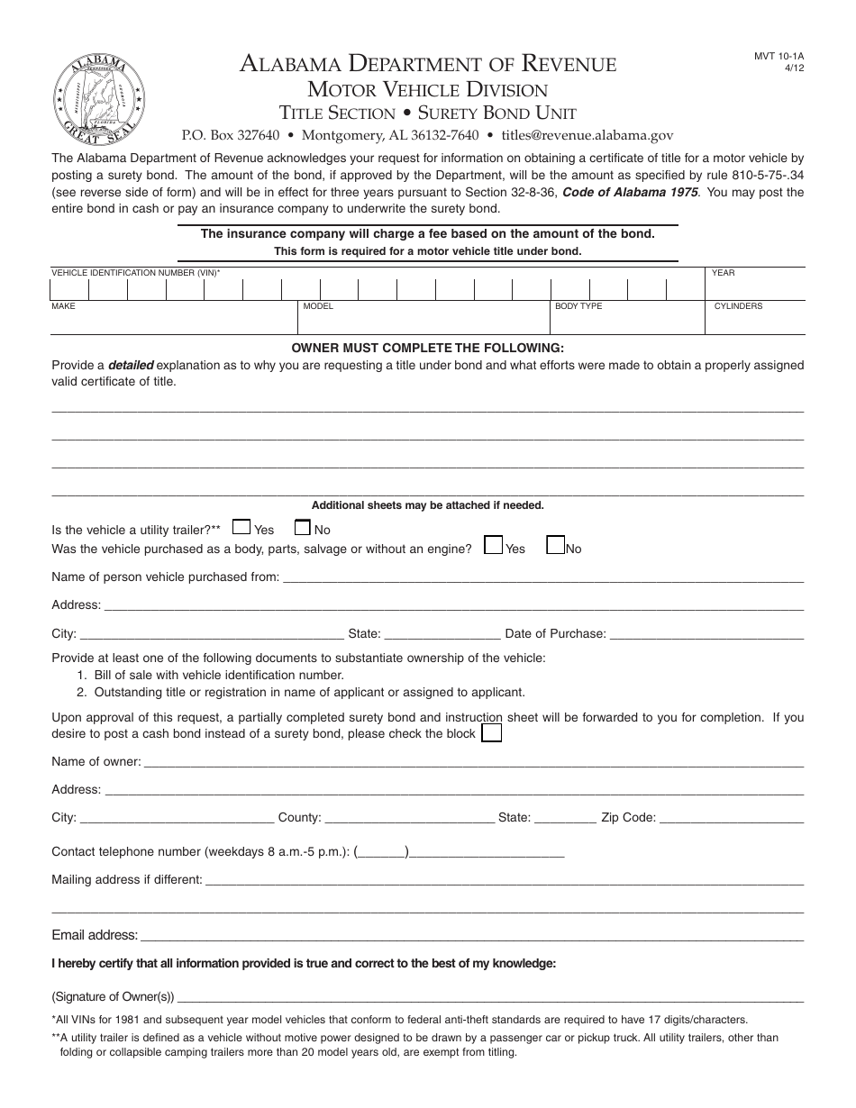Form MVT-10-1A Surety Bond Request - Alabama, Page 1