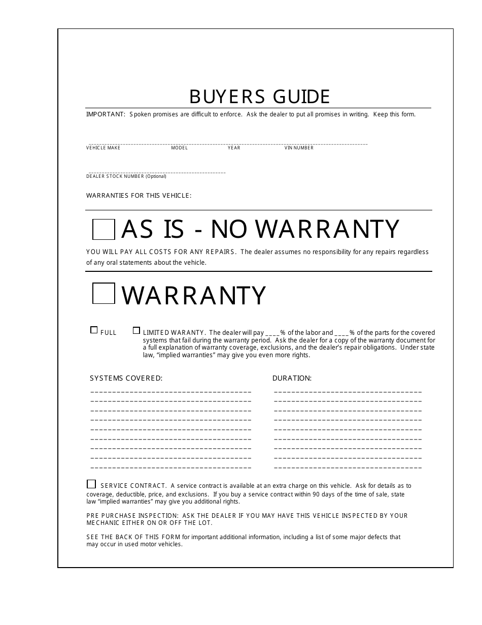 Used Car Buyers Guide Download Printable PDF  Templateroller Inside car warranty agreement template