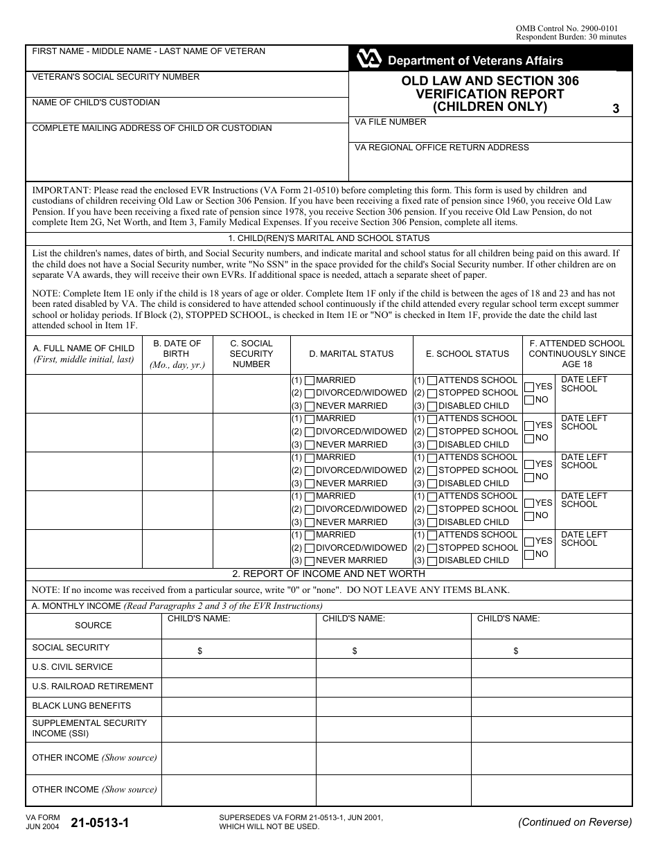 VA Form 21-0513 Old Law and Section 306 Verification Report, Page 1
