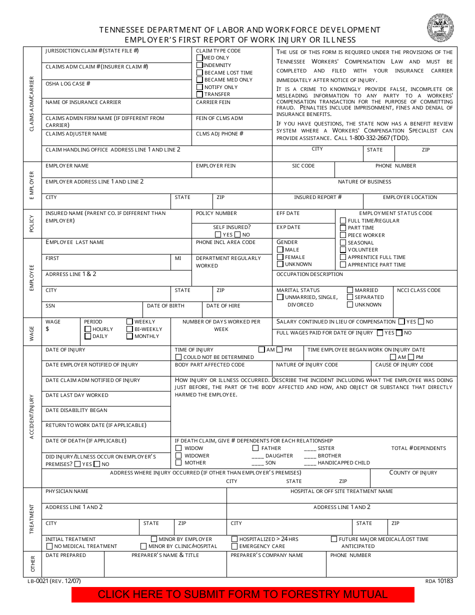 Form LB-0021 Tennessee Department of Labor and Workforce Development Employers First Report of Work Injury or Illness - Tennessee, Page 1