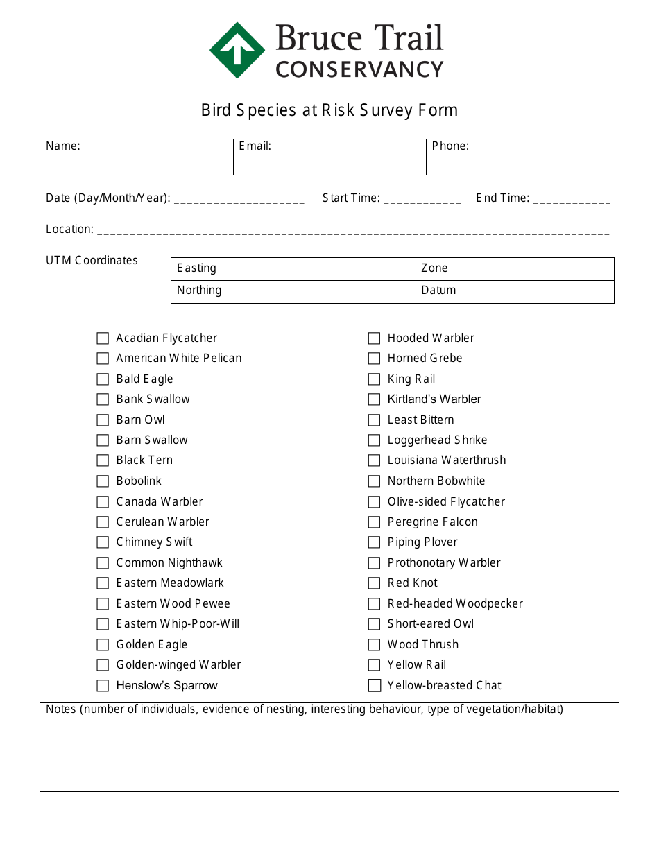 Bird Species at Risk Survey Form - Bruce Trail Conservancy, Page 1