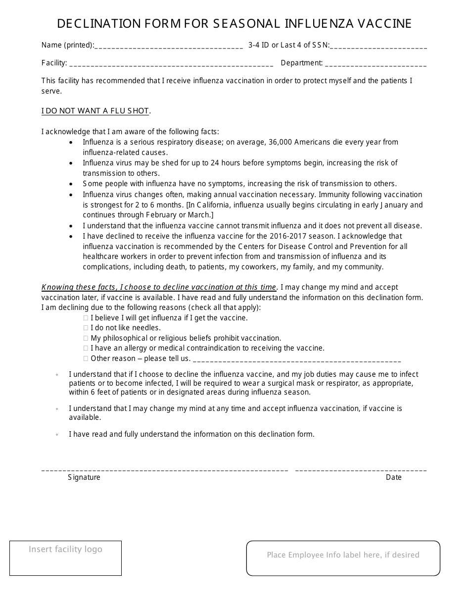 Declination Form for Seasonal Influenza Vaccine - California, Page 1