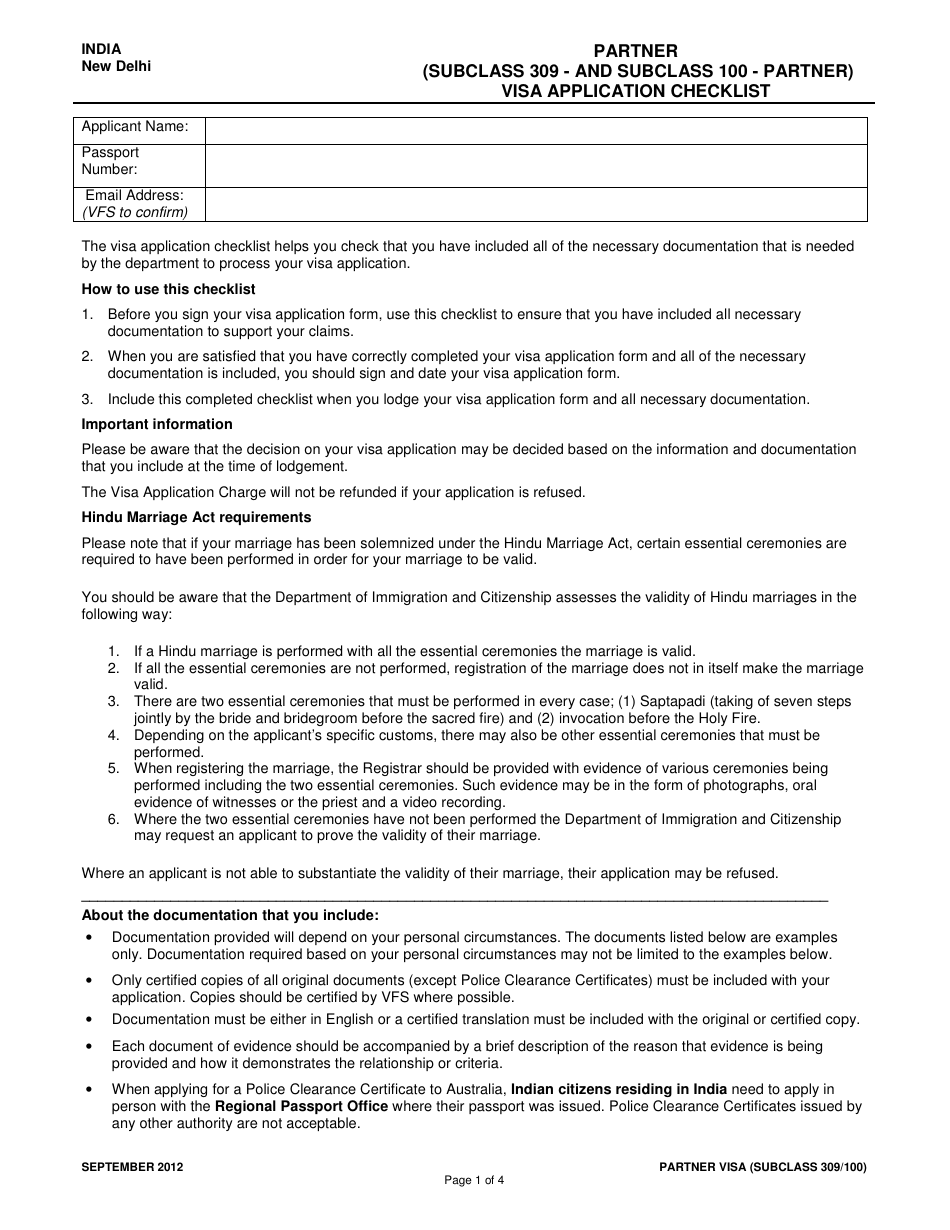 Australian Partner Visa Application Checklist - New Delhi, Delhi, India, Page 1