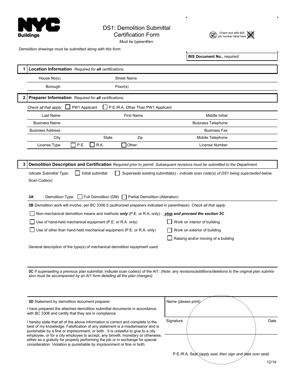 Form DS1 Demolition Submittal Certification Form - New York City, Page 1