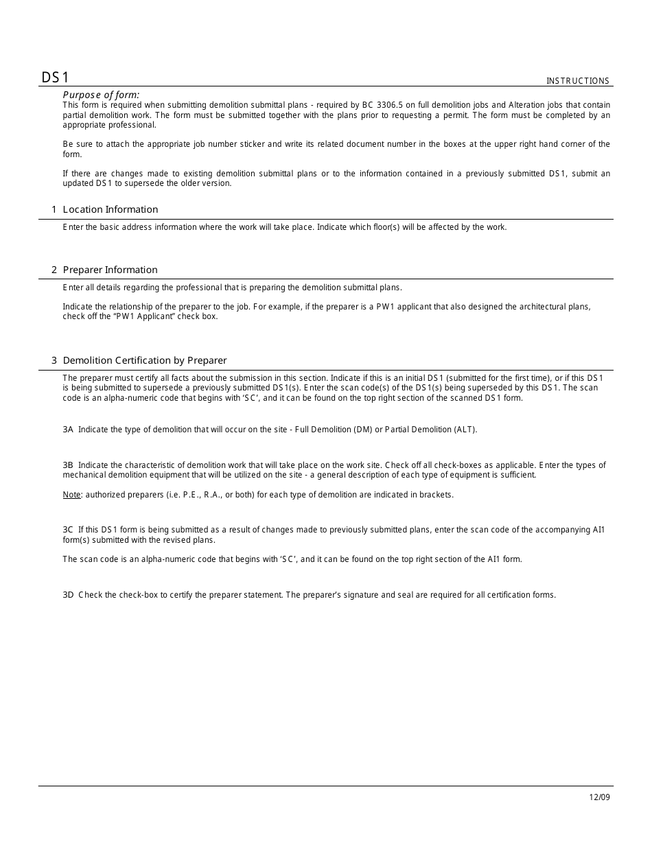 Instructions for Form DS1 Demolition Submittal Certification Form - New York City, Page 1