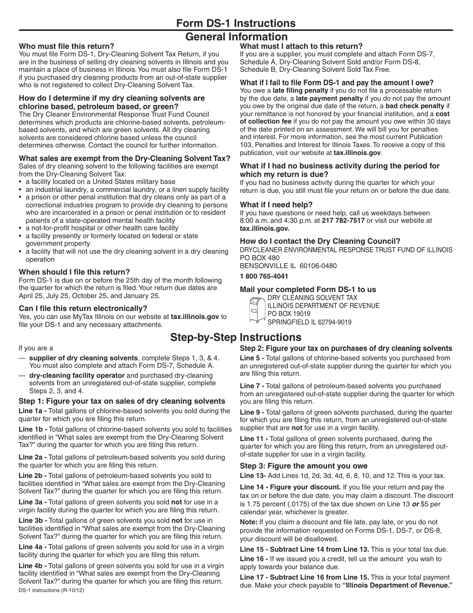 Instructions for Form DS-1 Dry-Cleaning Solvent Tax Return - Illinois, Page 1