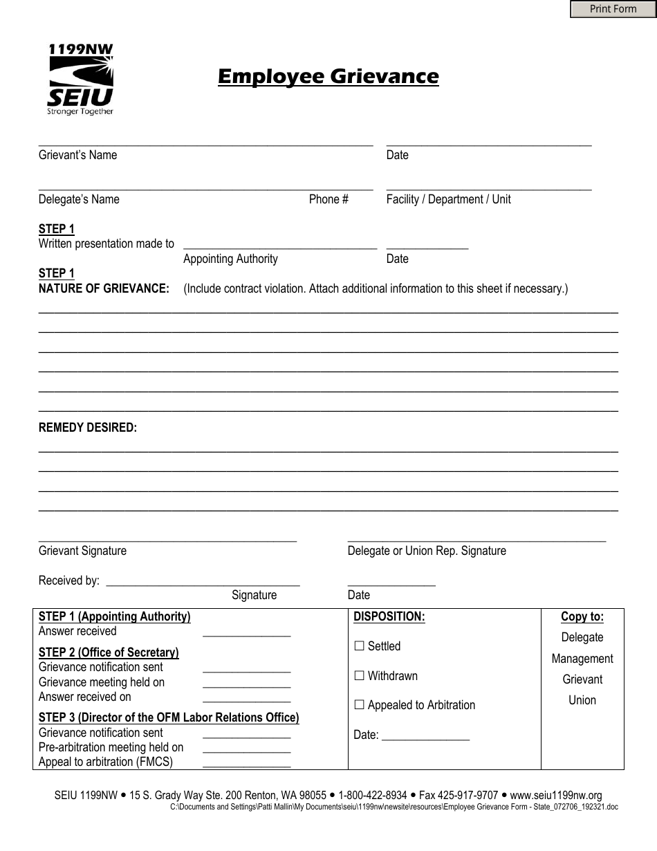 Employee Grievance Form - Seiu District 1199nw, Page 1