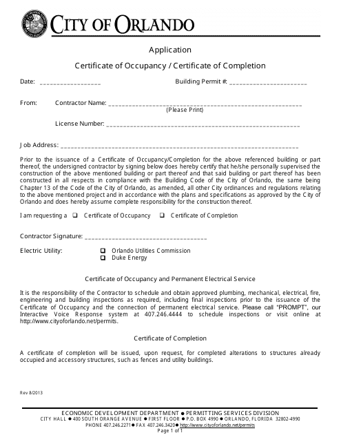 Application for Certificate of Occupancy/Certificate of Completion - City of Orlando, Florida