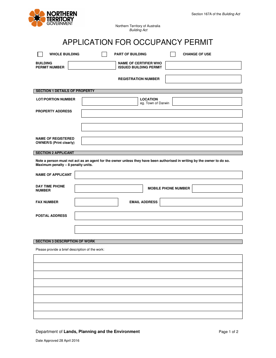 Application for Occupancy Permit - Northern Territory, Australia, Page 1