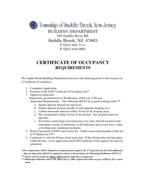 Application for Certificate of Occupancy - Township of Saddle Brook, New Jersey Download Pdf