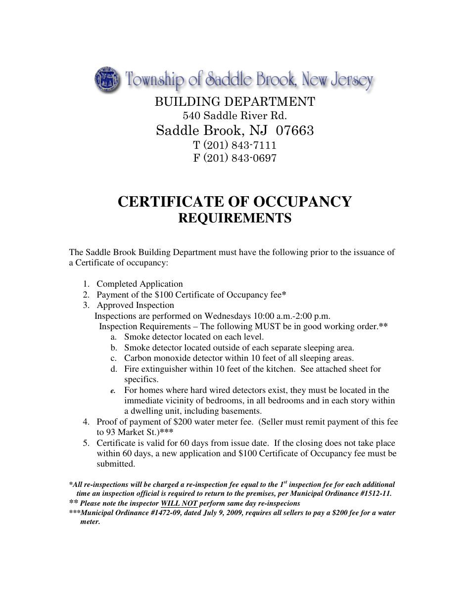 Application for Certificate of Occupancy - Township of Saddle Brook, New Jersey, Page 1