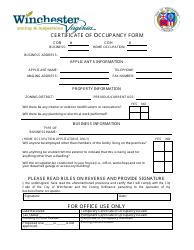 City of Winchester Virginia Certificate of Occupancy Form Fill Out