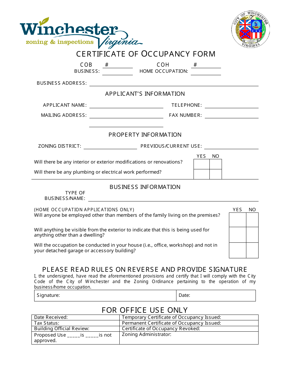 Certificate of Occupancy Form - City of Winchester, Virginia, Page 1