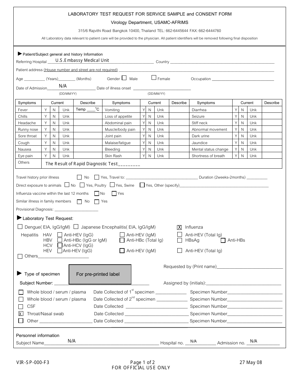 Form VIR-SP-000-F3 Laboratory Test Request for Service Sample (US Embassy) - Bhutan, Page 1