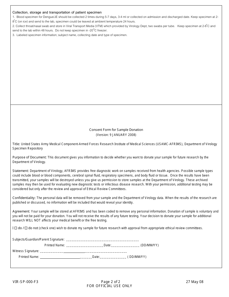 Form VIR-SP-000-F3 Laboratory Test Request for Service Sample (US Embassy) - Bhutan, Page 2