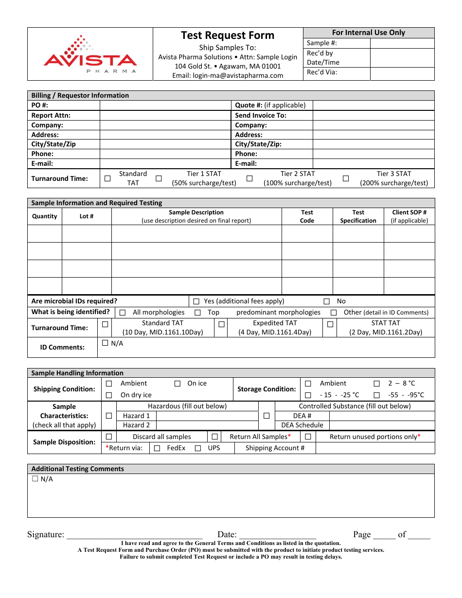 Test Request Form - Avista Pharma Solutions, Page 1