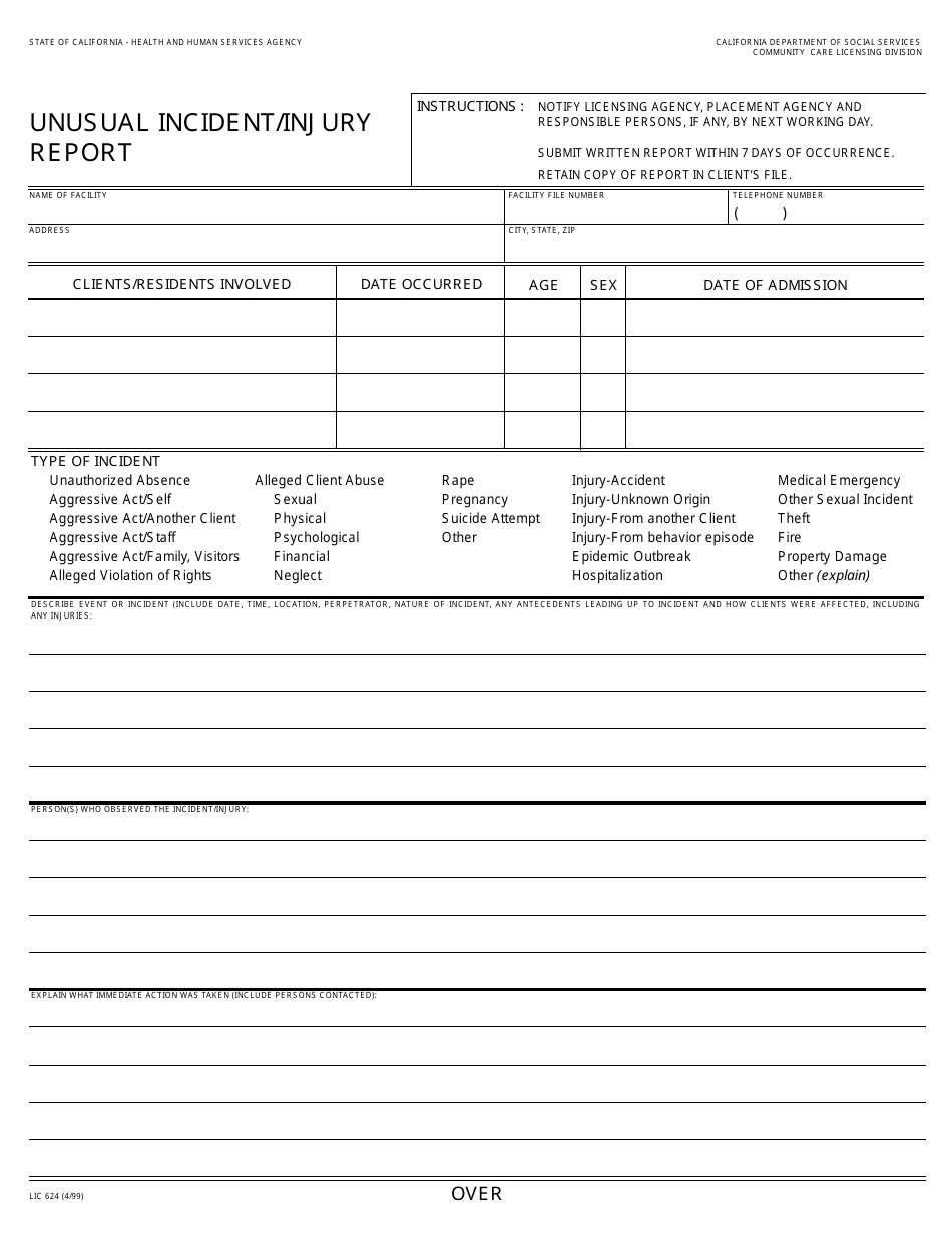 Form LIC624 Download Fillable PDF or Fill Online Unusual Incident/Injury  Report California | Templateroller