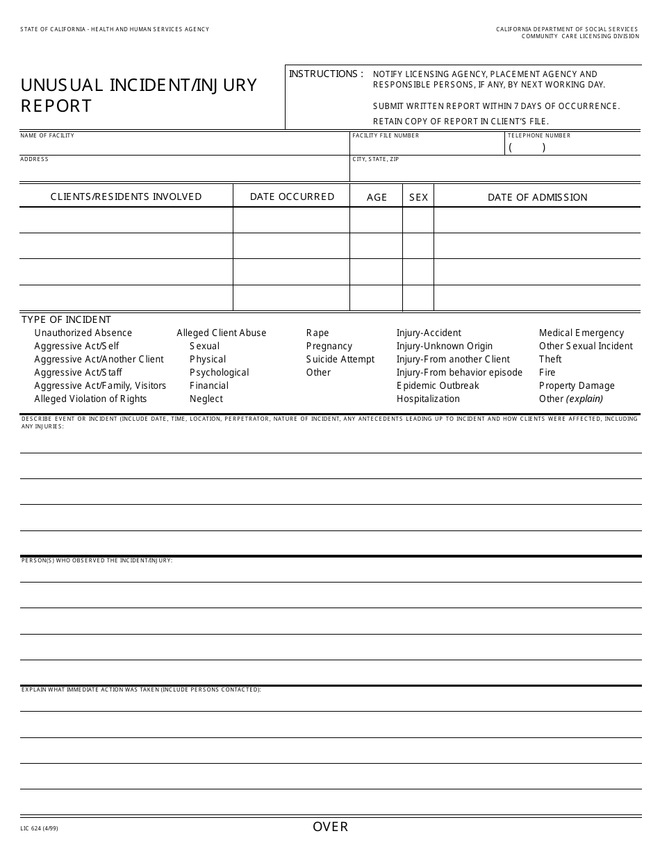 Form LIC624 Unusual Incident / Injury Report - California, Page 1
