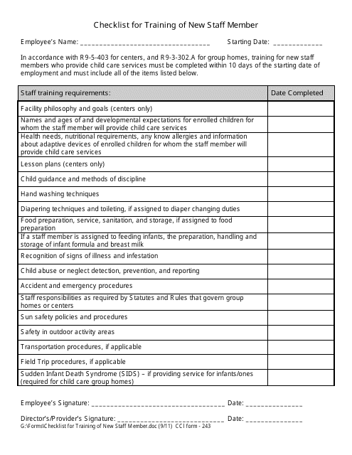 CCI Form 243 Checklist for Training of New Staff Member - Arizona