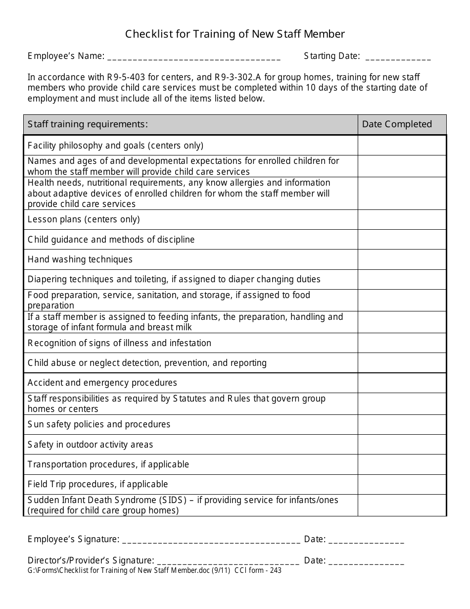 CCI Form 243 Checklist for Training of New Staff Member - Arizona, Page 1