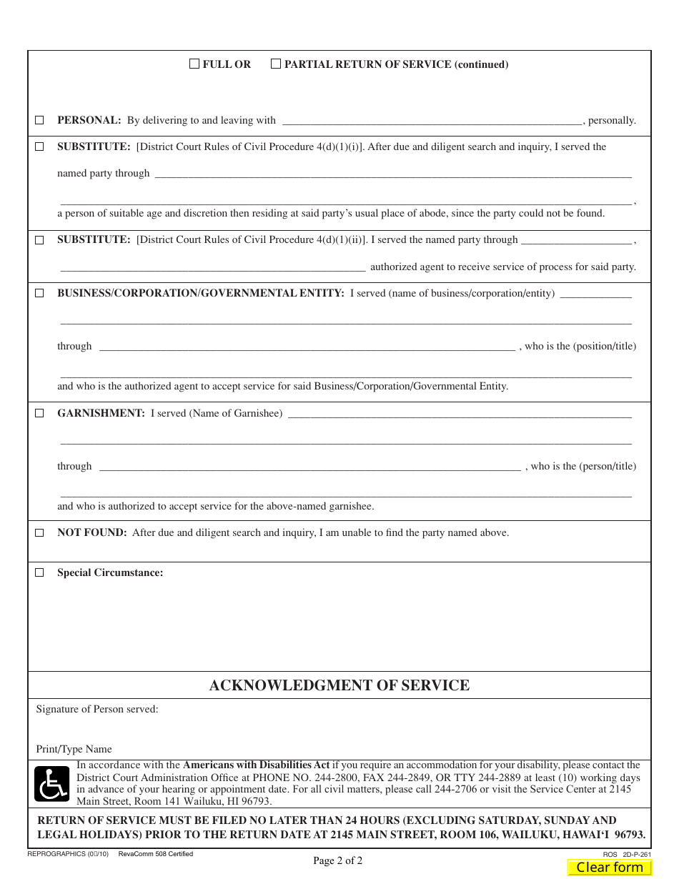 Form 2DC47 Return of Service; Acknowledgment of Service - Hawaii, Page 2