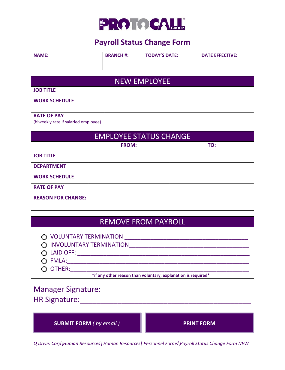 Payroll Status Change Form - Protocall, Page 1