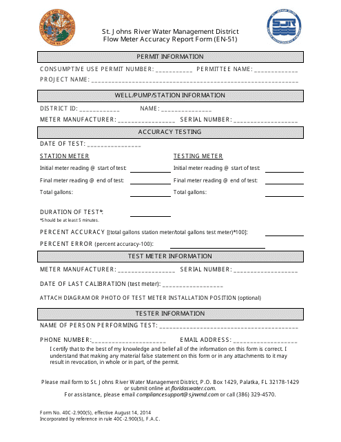 Form 40C-2.900(5) Flow Meter Accuracy Report Form (En-51) - St. Johns River Water Management District, Florida