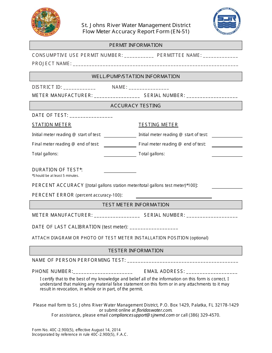 Form 40C-2.900(5) Flow Meter Accuracy Report Form (En-51) - St. Johns River Water Management District, Florida, Page 1