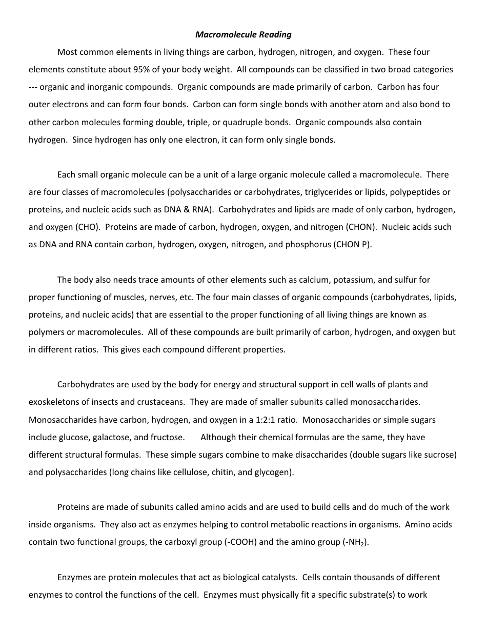 Macromolecule Reading Worksheet Download Printable PDF Intended For Organic Molecules Worksheet Answer Key