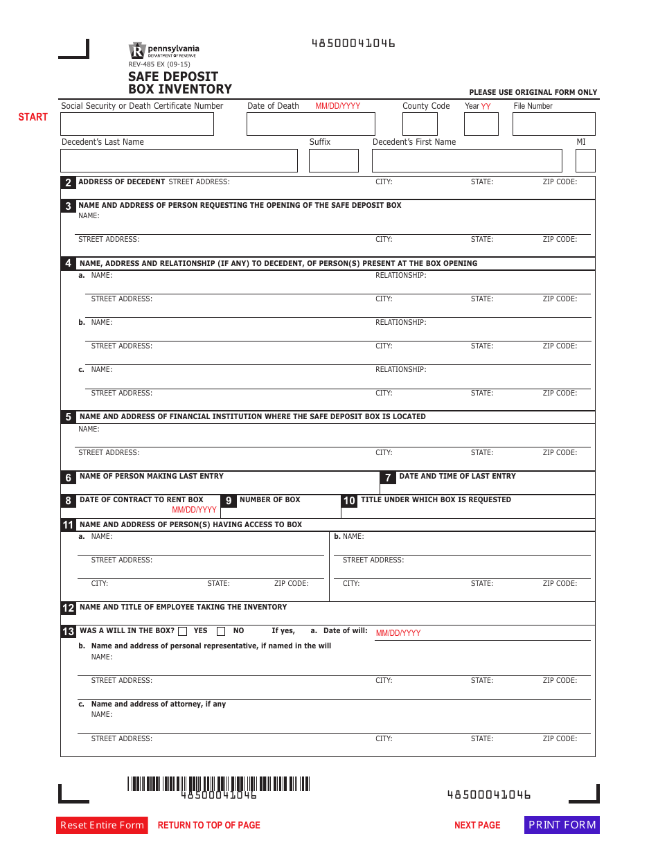 Form REV485 Safe Deposit Box Inventory - Pennsylvania, Page 1