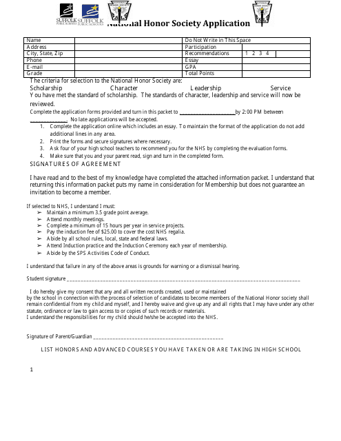 National Honor Society Application Form - Suffolk Public Schools - Suffolk, Virginia Download Pdf