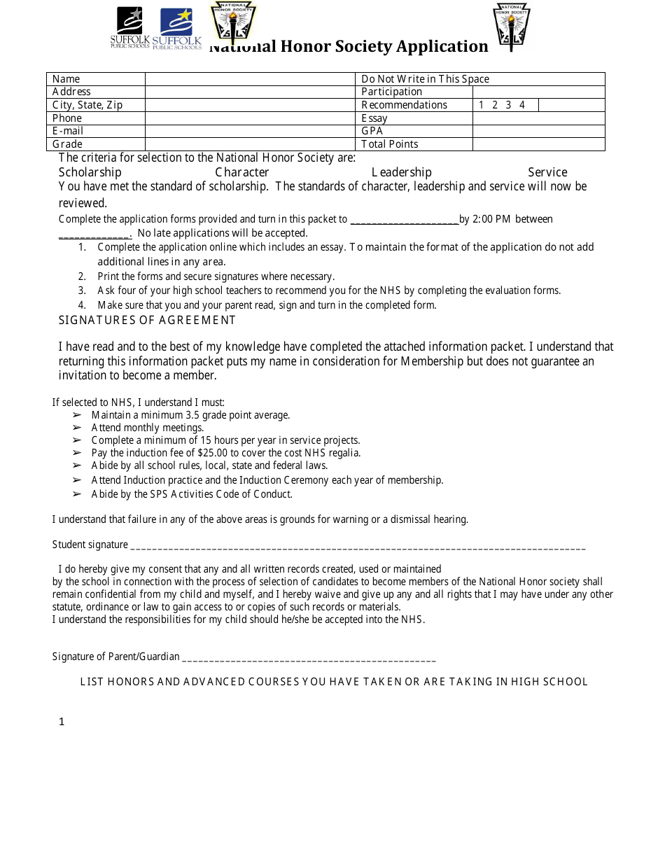 Suffolk, Virginia National Honor Society Application Form - Suffolk ...