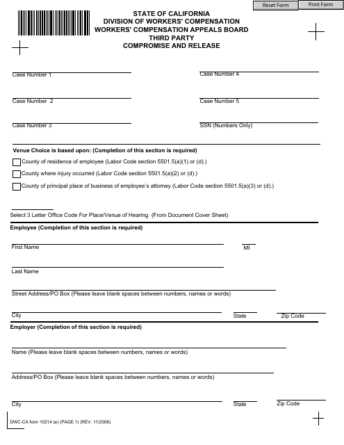 DWC-CA Form 10214 (E)  Printable Pdf