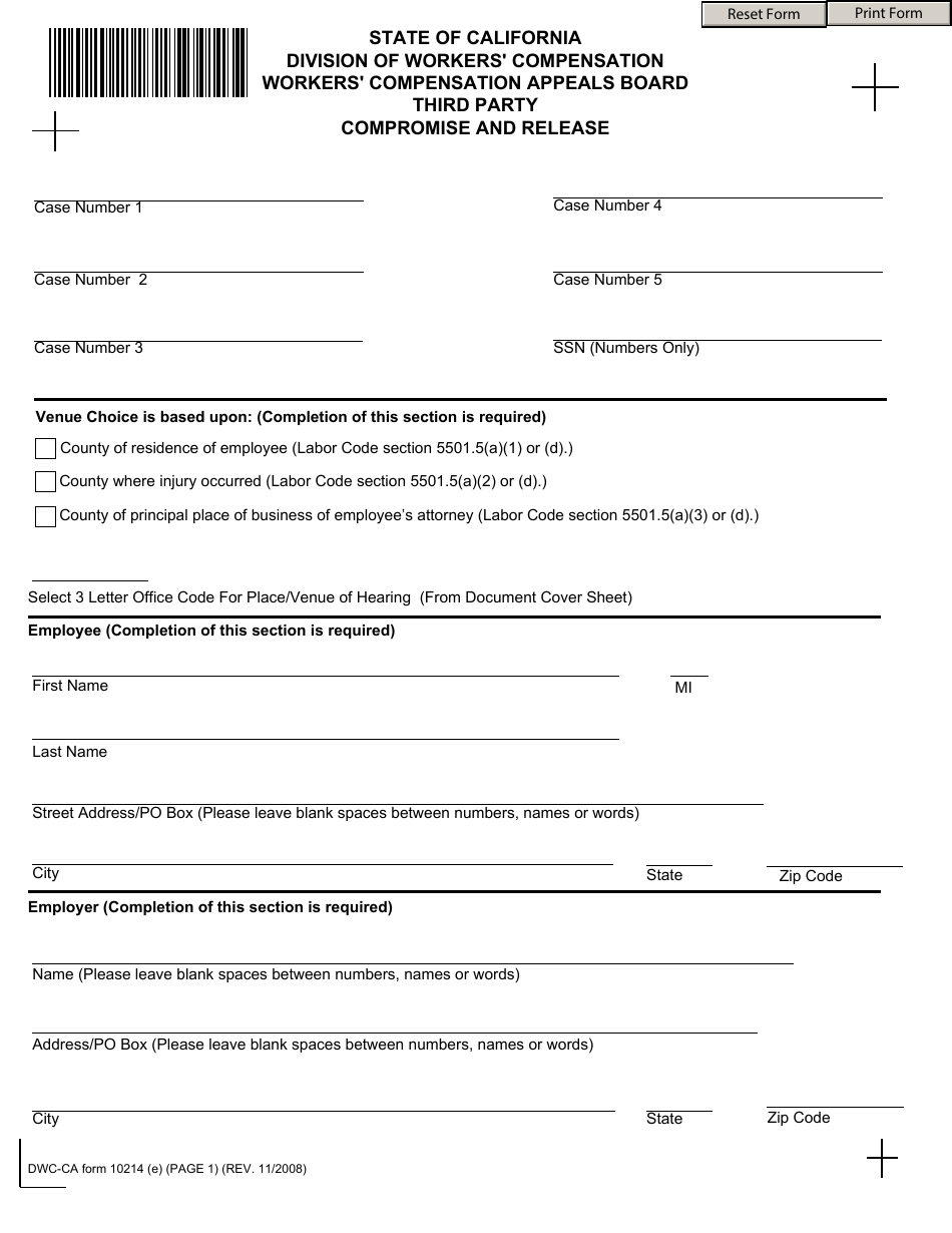 DWC-CA Form 10214 (E) Compromise and Release - Third Party - California, Page 1
