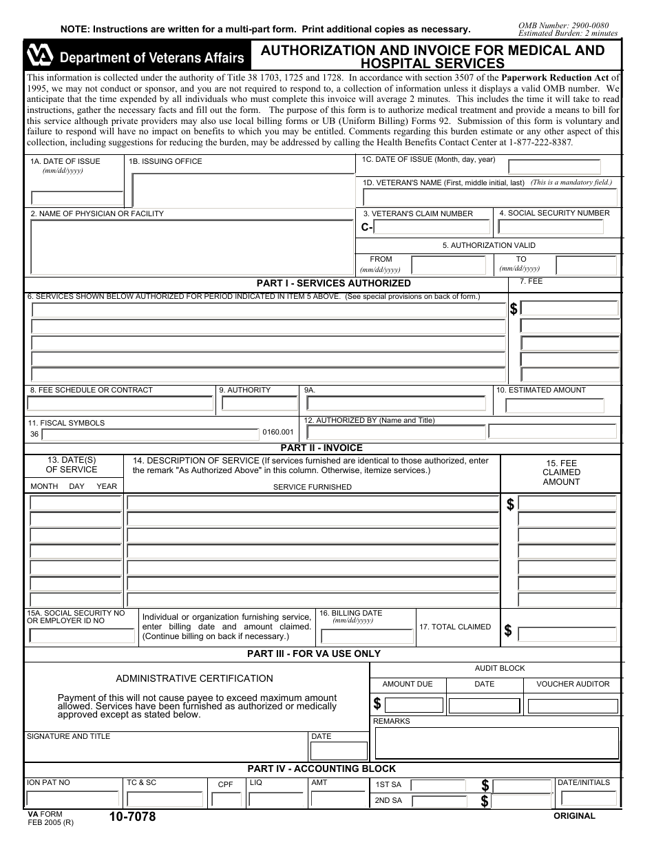 VA Form 10-7078 Authorization and Invoice for Medical and Hospital Services, Page 1
