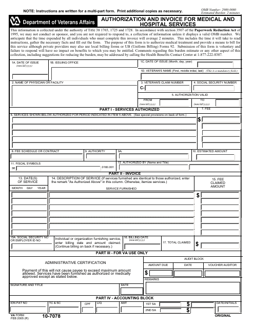 VA Form 10-7078 Authorization and Invoice for Medical and Hospital Services