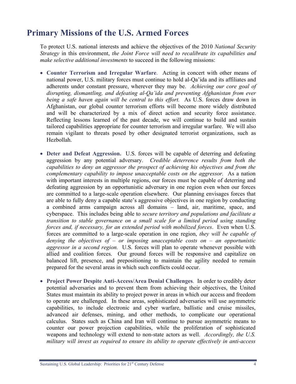 Sustaining U.S. Global Leadership: Priorities for 21st Century Defense, Page 10