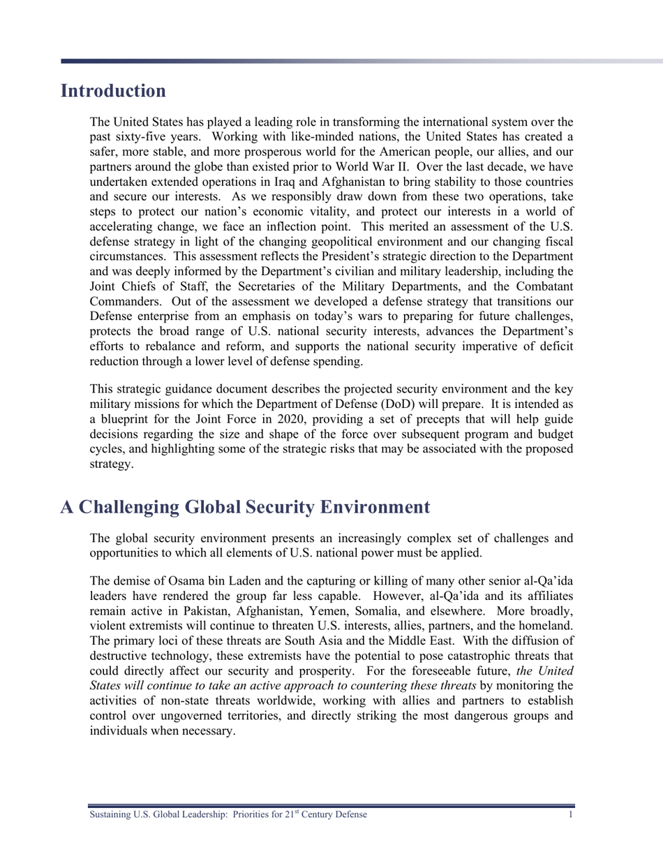 Sustaining U.S. Global Leadership: Priorities for 21st Century Defense, Page 7