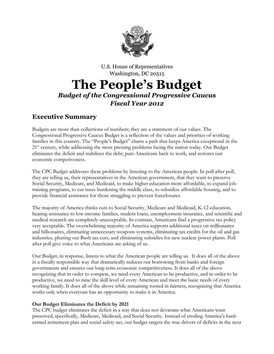 The Peoples Budget - Budget of the Congressional Progressive Caucus, Page 1