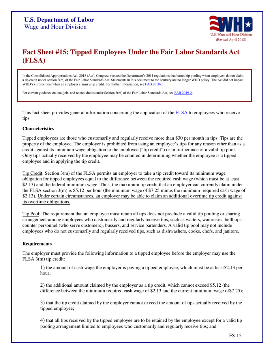 Fact Sheet #15: Tipped Employees Under the Fair Labor Standards Act (Flsa), Page 1