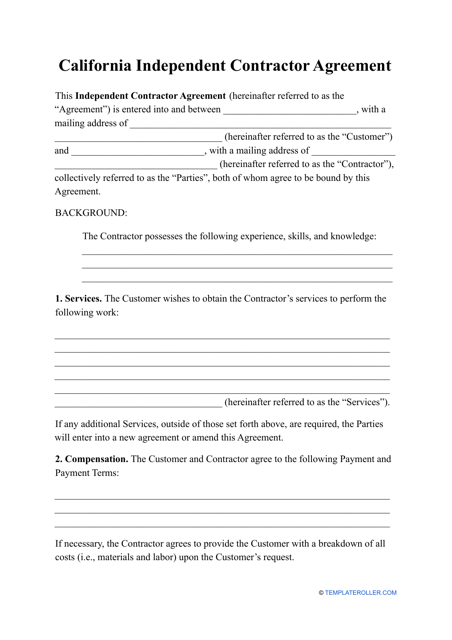 California Independent Contractor Agreement Template Fill Out Sign
