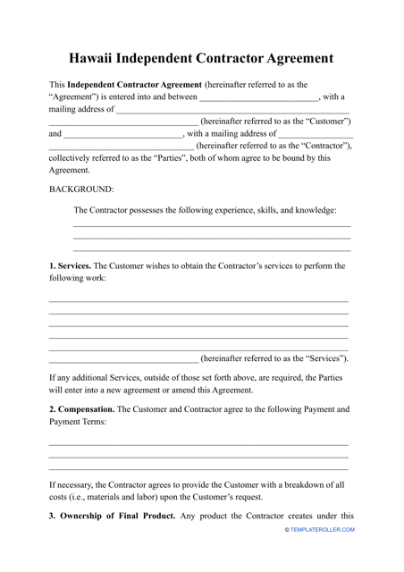 Independent Contractor Agreement Template - Hawaii Download Pdf