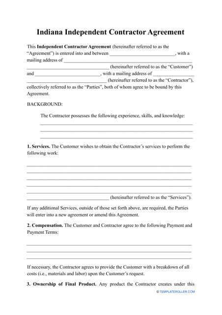 Independent Contractor Agreement Template - Indiana Download Pdf