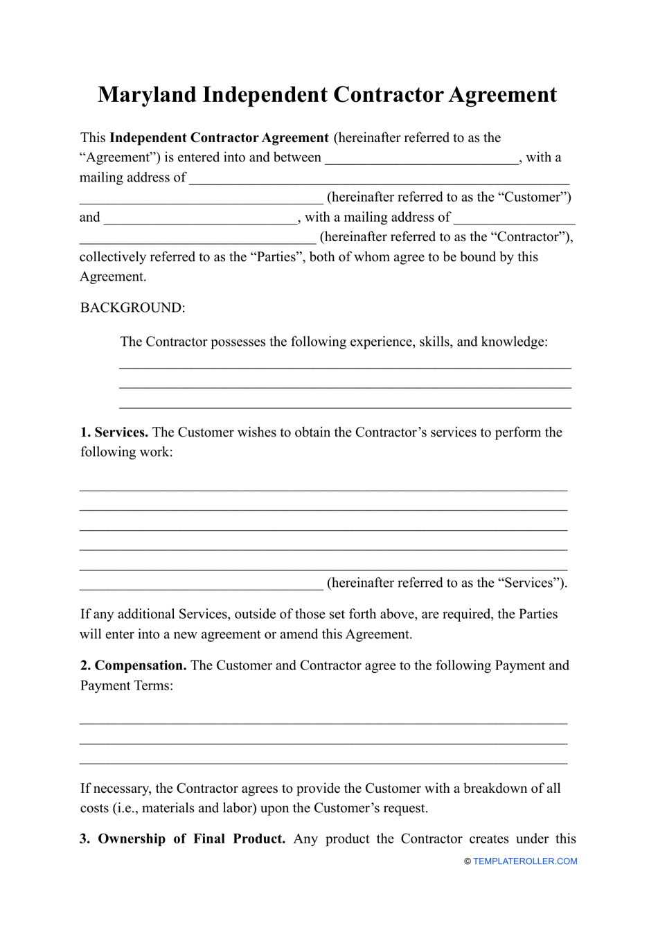 Independent Contractor Agreement Template - Maryland, Page 1