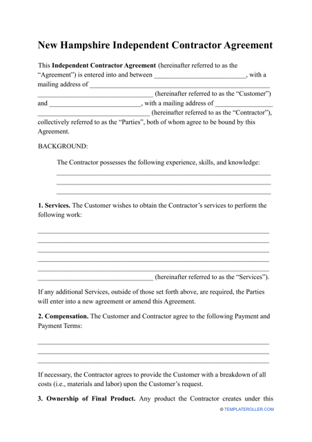 Independent Contractor Agreement Template - New Hampshire Download Pdf
