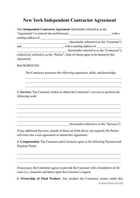 Independent Contractor Agreement Template - New York Download Pdf