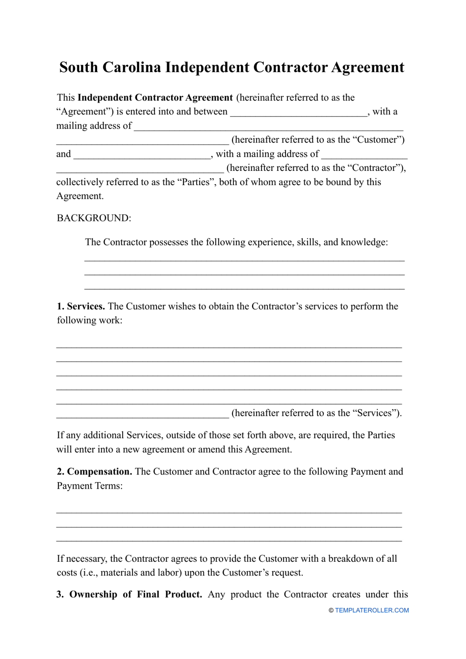 Independent Contractor Agreement Template - South Carolina, Page 1