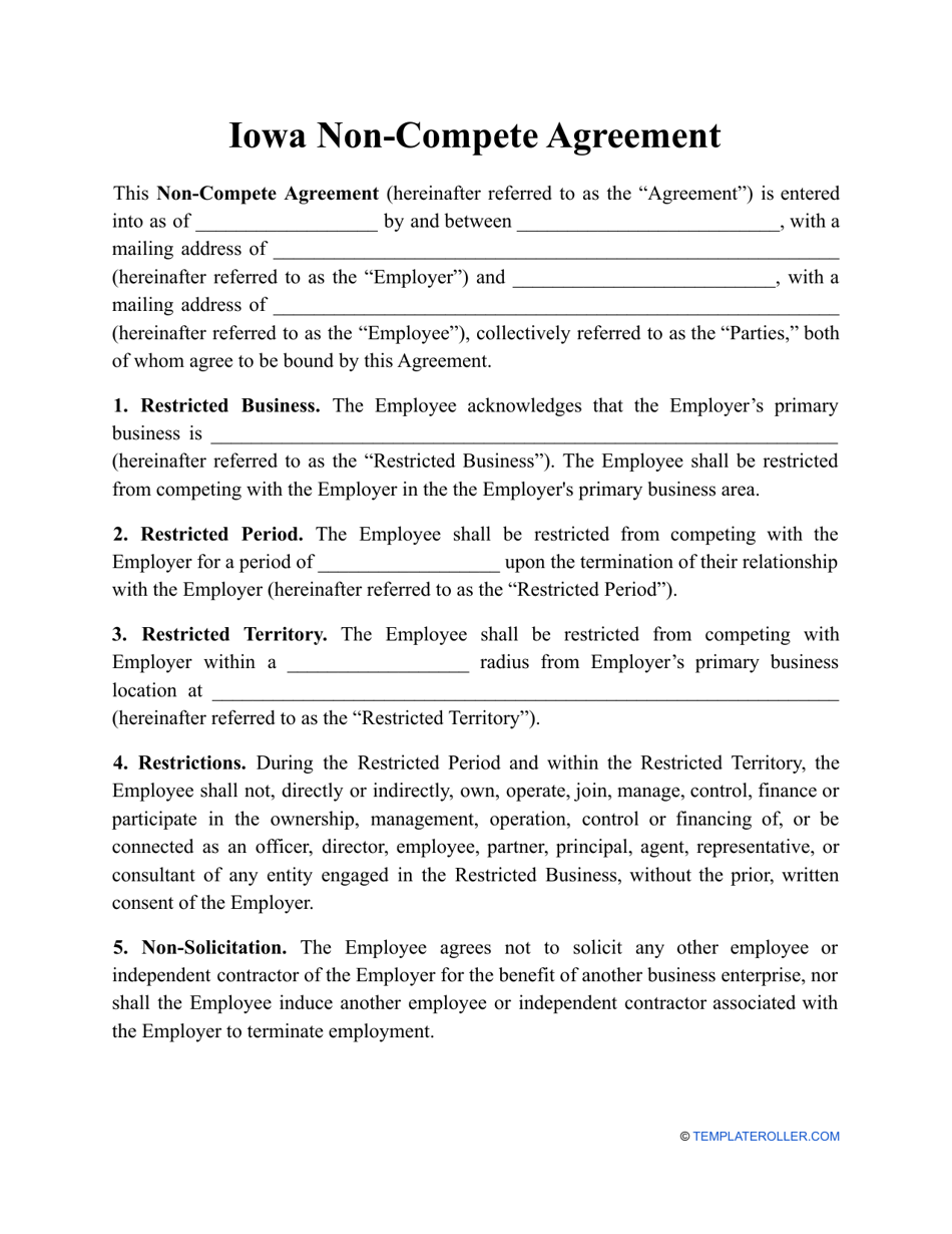 Non-compete Agreement Template - Iowa, Page 1