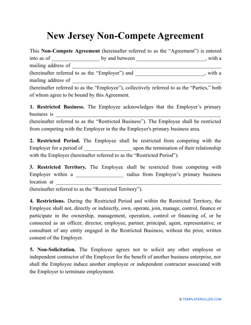 Non-compete Agreement Template - New Jersey Download Pdf