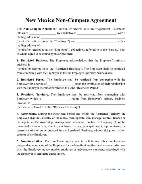 Non-compete Agreement Template - New Mexico Download Pdf